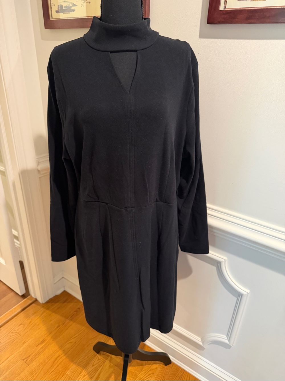 CAbi Black Long Sleeve Mock Neck Dress with Front Keyhole